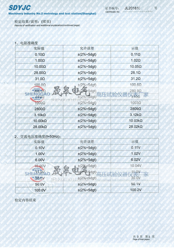 晟皋SG3001土壤电阻率测试仪检定证书