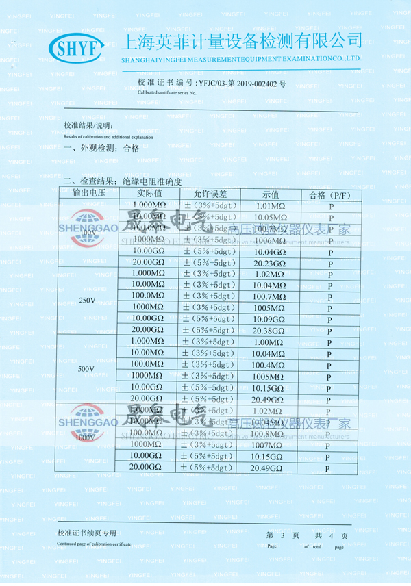 晟皋SG3025绝缘电阻测试仪校准证书
